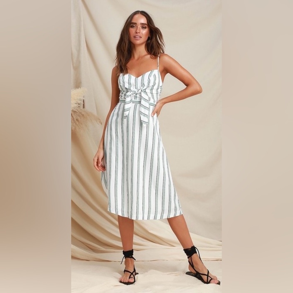 LUSH Kalene Green and White Striped Tie-Front Midi Dress - Size M (4-6)